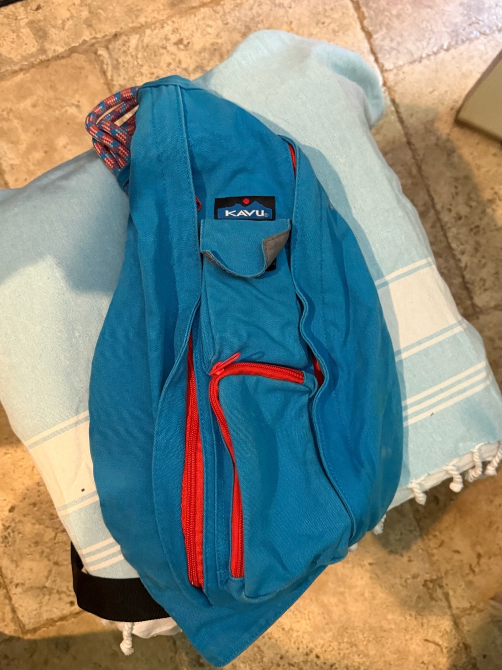 Kavu Blue Sling Bag with Red Zippers
